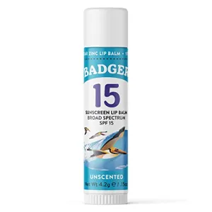 Badger Sunscreen Lip Balm SPF 15, Organic Mineral Sunscreen SPF Lip Balm with Zinc Oxide, Reef Friendly, Broad Spectrum, Water Resistant, Unscented, 15 oz