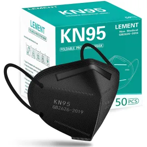 LEMENT 50pcs KN95 Face Mask Black 5 Layer Cup Dust Safety Masks Filter Efficiency95% Breathable Elastic Ear Loops Black Masks