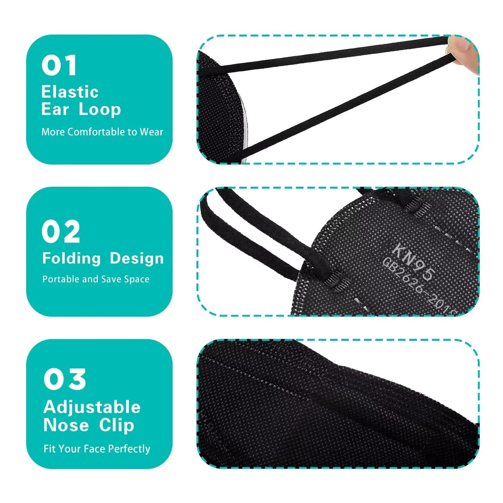 LEMENT 50pcs KN95 Face Mask Black 5 Layer Cup Dust Safety Masks Filter Efficiency95% Breathable Elastic Ear Loops Black Masks