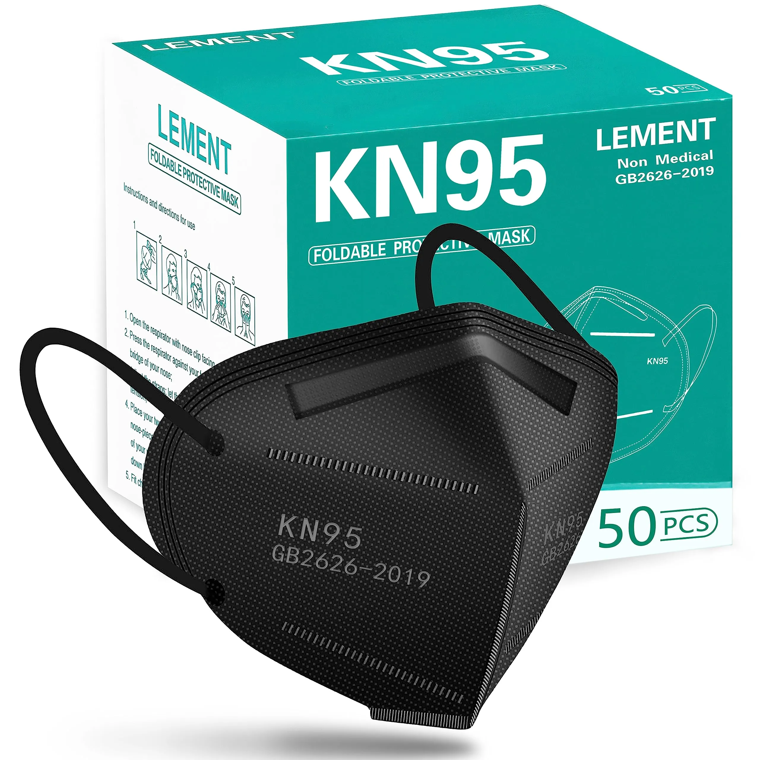 LEMENT 50pcs KN95 Face Mask Black 5 Layer Cup Dust Safety Masks Filter Efficiency95% Breathable Elastic Ear Loops Black Masks