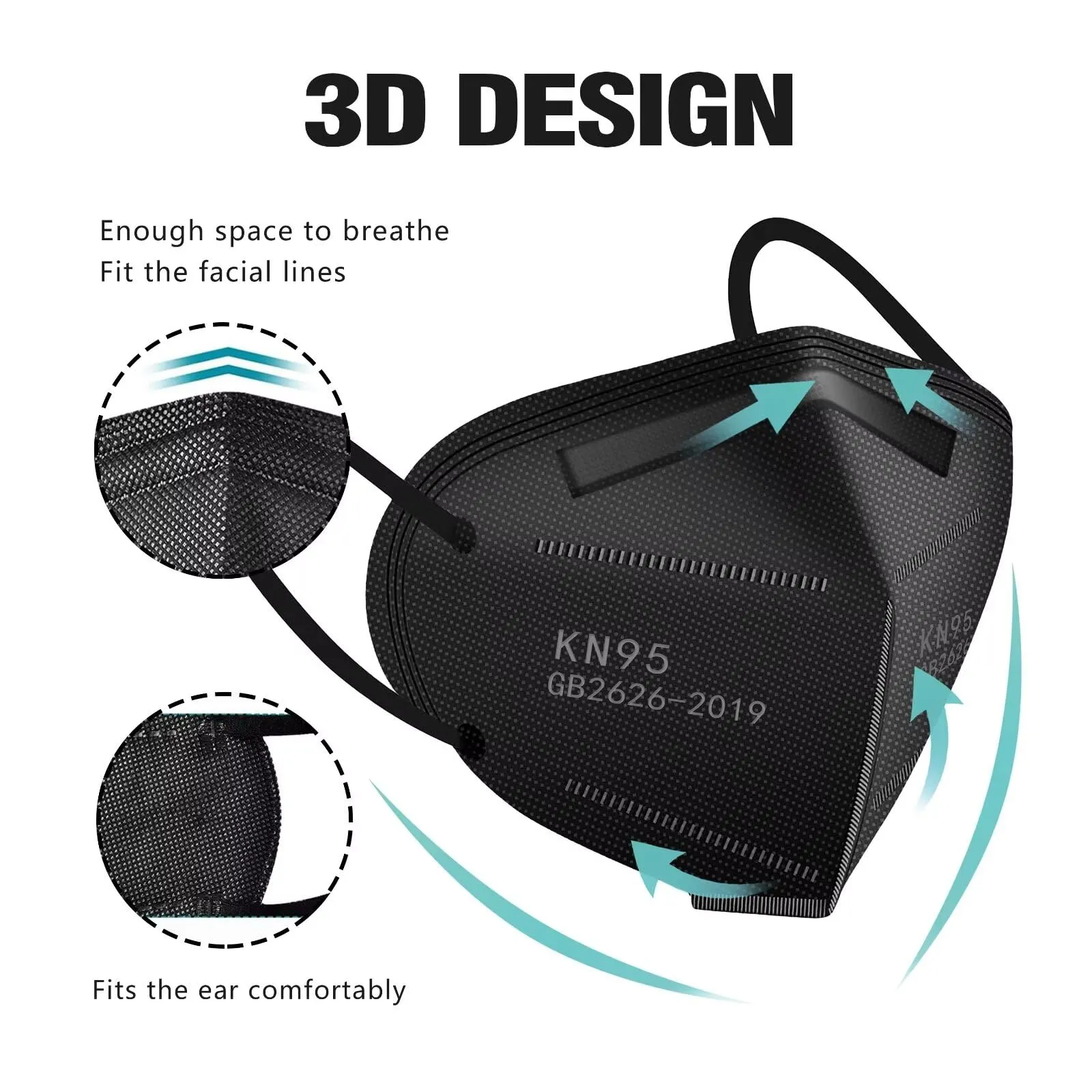 LEMENT 50pcs KN95 Face Mask Black 5 Layer Cup Dust Safety Masks Filter Efficiency95% Breathable Elastic Ear Loops Black Masks