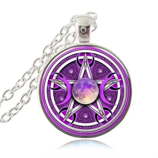Pendant Triple Moon Goddess  Pentagram Necklace Witch Jewelry Glass Dome Wiccan Necklace Silver Chain Charm Wicca Jewellery