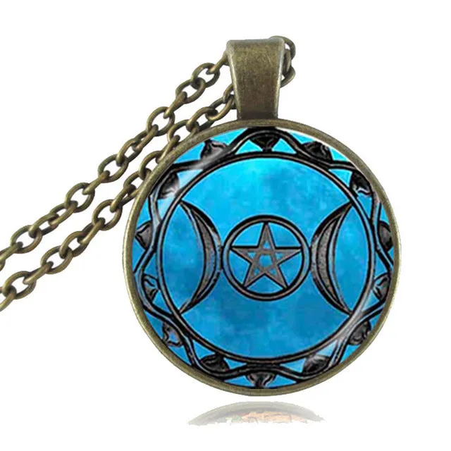 Pendant Triple Moon Goddess  Pentagram Necklace Witch Jewelry Glass Dome Wiccan Necklace Silver Chain Charm Wicca Jewellery