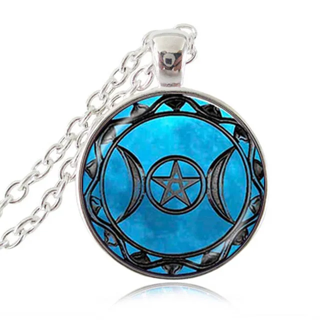 Pendant Triple Moon Goddess  Pentagram Necklace Witch Jewelry Glass Dome Wiccan Necklace Silver Chain Charm Wicca Jewellery
