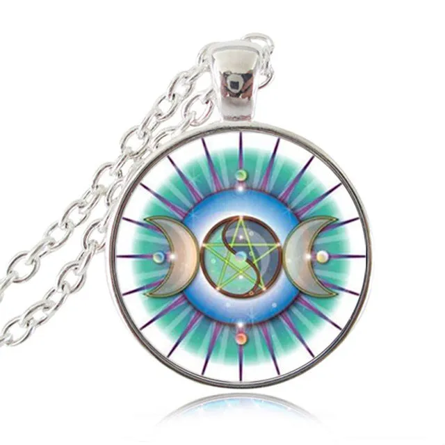 Pendant Triple Moon Goddess  Pentagram Necklace Witch Jewelry Glass Dome Wiccan Necklace Silver Chain Charm Wicca Jewellery