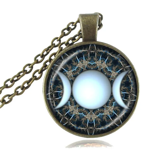 Pendant Triple Moon Goddess  Pentagram Necklace Witch Jewelry Glass Dome Wiccan Necklace Silver Chain Charm Wicca Jewellery