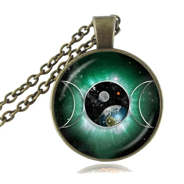 Pendant Triple Moon Goddess  Pentagram Necklace Witch Jewelry Glass Dome Wiccan Necklace Silver Chain Charm Wicca Jewellery