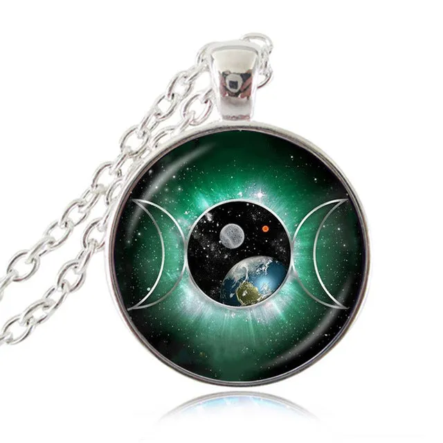 Pendant Triple Moon Goddess  Pentagram Necklace Witch Jewelry Glass Dome Wiccan Necklace Silver Chain Charm Wicca Jewellery