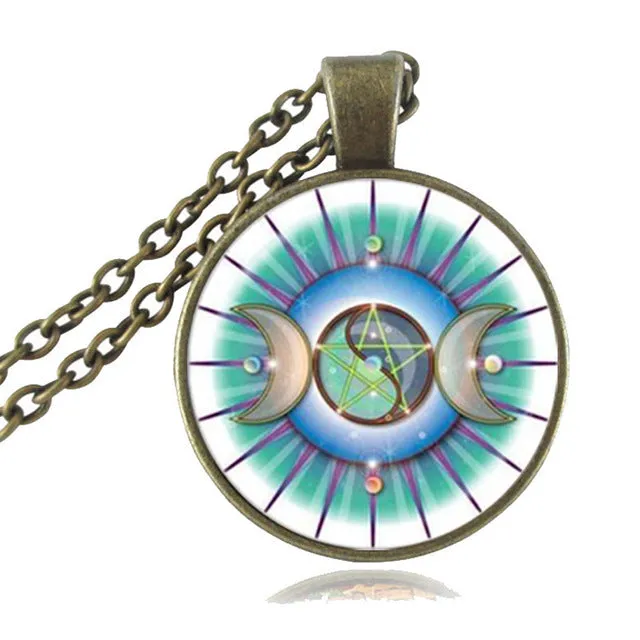 Pendant Triple Moon Goddess  Pentagram Necklace Witch Jewelry Glass Dome Wiccan Necklace Silver Chain Charm Wicca Jewellery
