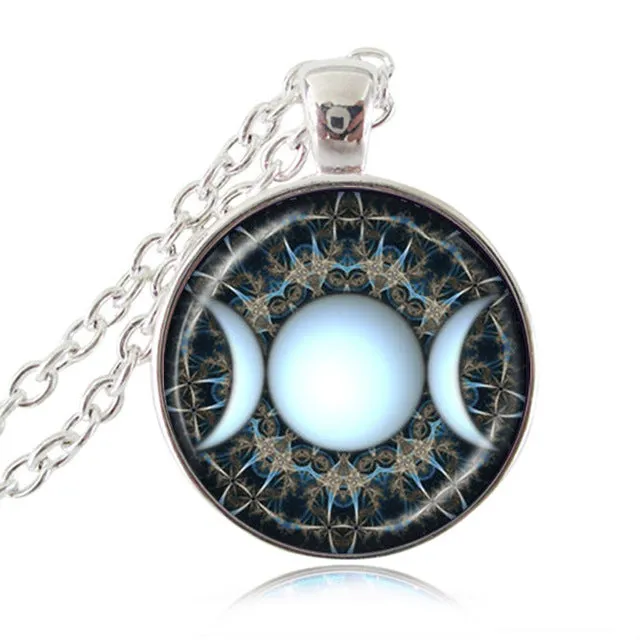 Pendant Triple Moon Goddess  Pentagram Necklace Witch Jewelry Glass Dome Wiccan Necklace Silver Chain Charm Wicca Jewellery
