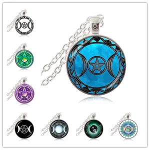 Pendant Triple Moon Goddess  Pentagram Necklace Witch Jewelry Glass Dome Wiccan Necklace Silver Chain Charm Wicca Jewellery