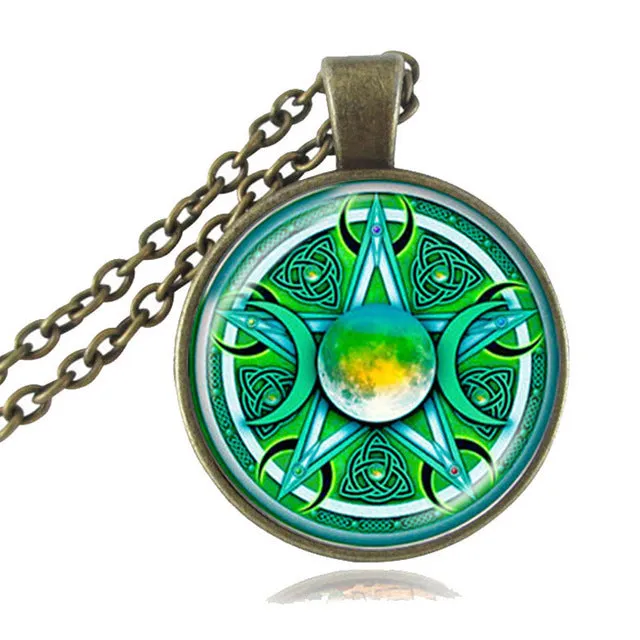 Pendant Triple Moon Goddess  Pentagram Necklace Witch Jewelry Glass Dome Wiccan Necklace Silver Chain Charm Wicca Jewellery