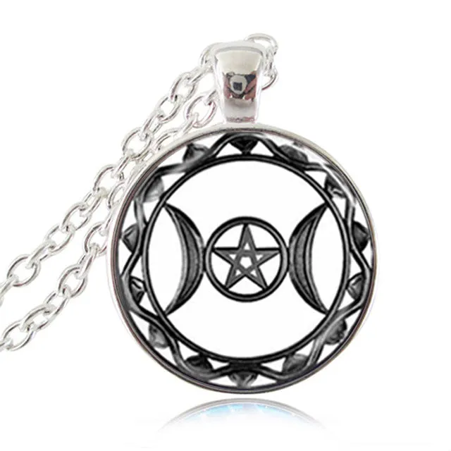 Pendant Triple Moon Goddess  Pentagram Necklace Witch Jewelry Glass Dome Wiccan Necklace Silver Chain Charm Wicca Jewellery