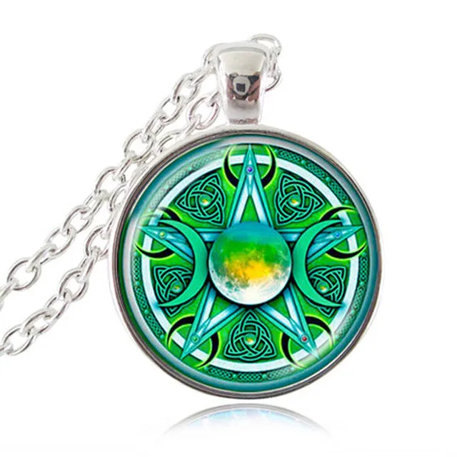 Pendant Triple Moon Goddess  Pentagram Necklace Witch Jewelry Glass Dome Wiccan Necklace Silver Chain Charm Wicca Jewellery
