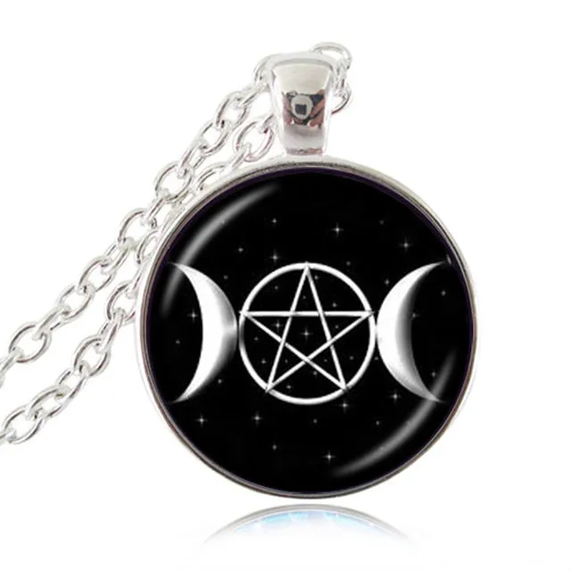 Pendant Triple Moon Goddess  Pentagram Necklace Witch Jewelry Glass Dome Wiccan Necklace Silver Chain Charm Wicca Jewellery